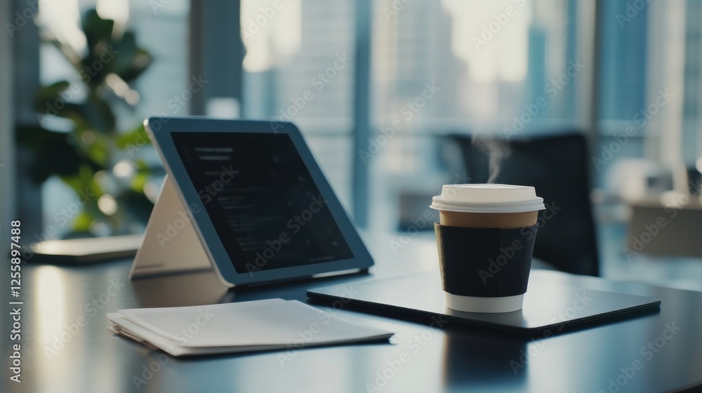Fototapeta premium Modern workspace with tablet, coffee, and documents in a bright office