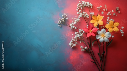 Colorful flowers arranged on a vibrant blue and red background for artistic d...