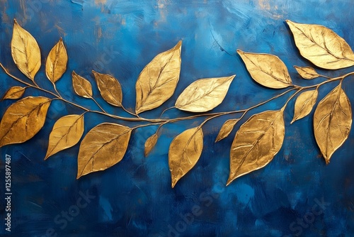 Golden leaves on a blue background create a striking decorative art piece