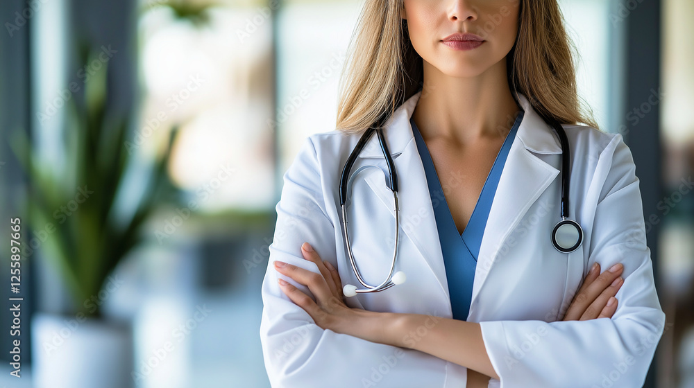 Confident female doctor in a white coat with a stethoscope standing with arms crossed in a modern medical facility, symbolizing professionalism, expertise, and trust in healthcare Confident female doctor in a white coat with a stethoscope standing with arms crossed in a modern medical facility, symbolizing professionalism, expertise, and trust in healthcare