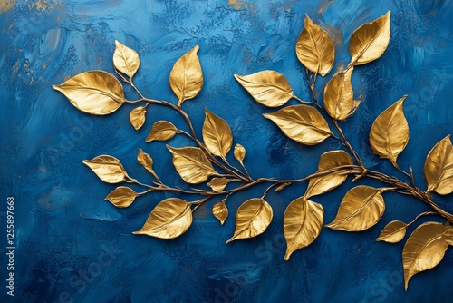 Golden leaves adorn a blue background in a creative wall art display suitable...