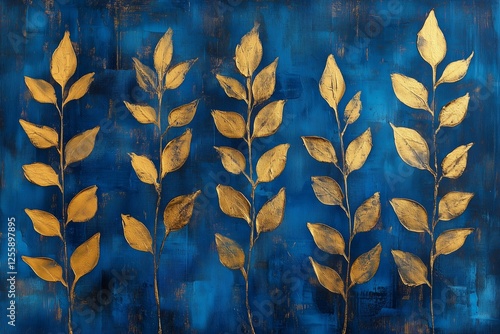 Elegant golden leaves on a vibrant blue background in modern art display