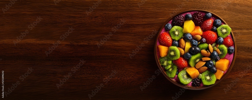 A vibrant smoothie bowl topped with fresh fruits, nuts, and seeds, arranged beautifully on a rustic wooden table A vibrant smoothie bowl topped with fresh fruits, nuts, and seeds, arranged beautifully on a rustic wooden table