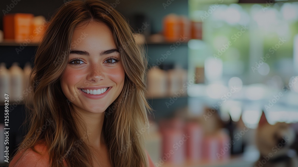 Young woman smiling in a modern salon during a sunny day