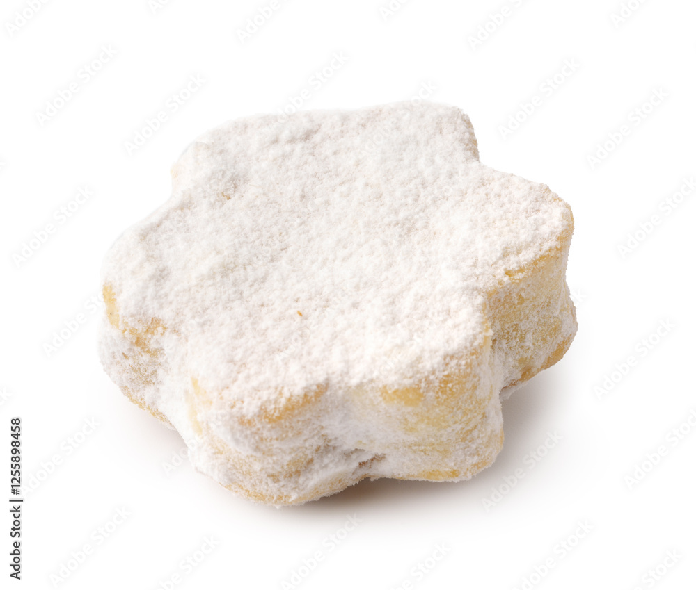 Delicious snowflake-shaped cookie dusted in powdered sugar ready to be enjoyed during the holiday season Delicious snowflake-shaped cookie dusted in powdered sugar ready to be enjoyed during the holiday season