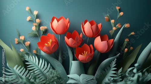 Colorful paper flowers arranged in a vibrant display for a decorative element