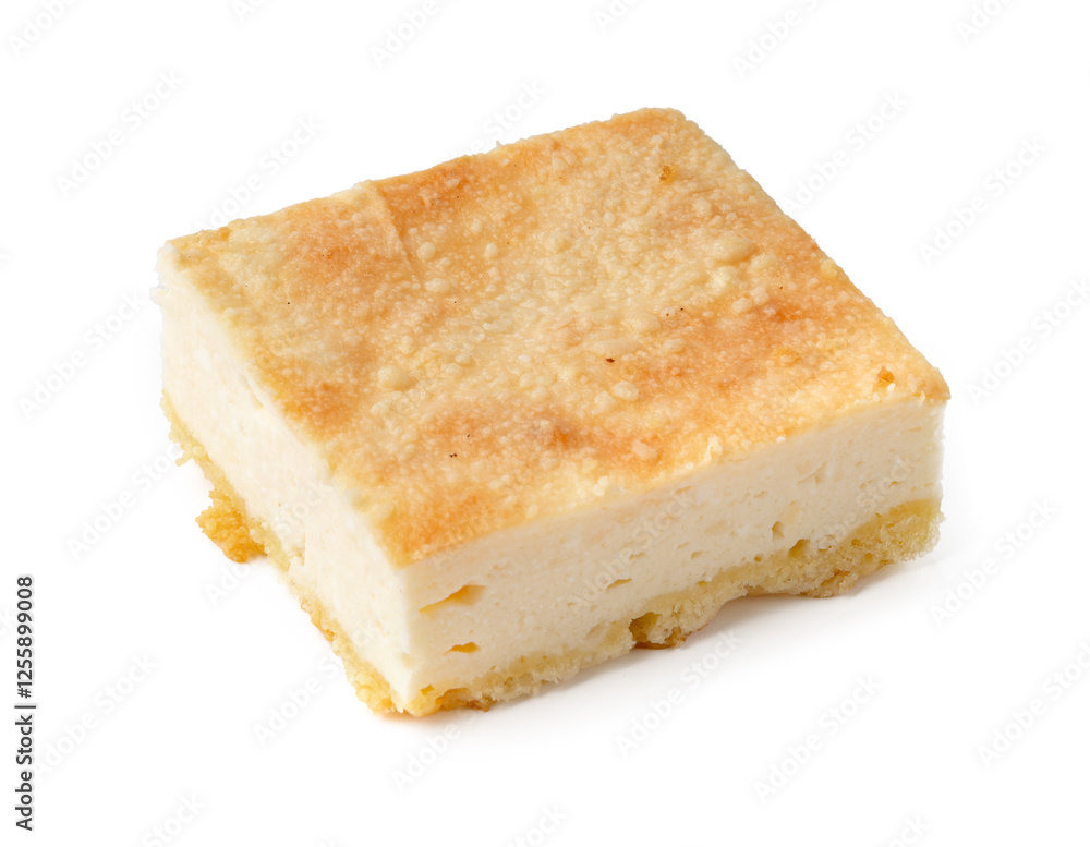 Delicious homemade dessert featuring creamy custard in a golden pastry crust served on a white background Delicious homemade dessert featuring creamy custard in a golden pastry crust served on a white background