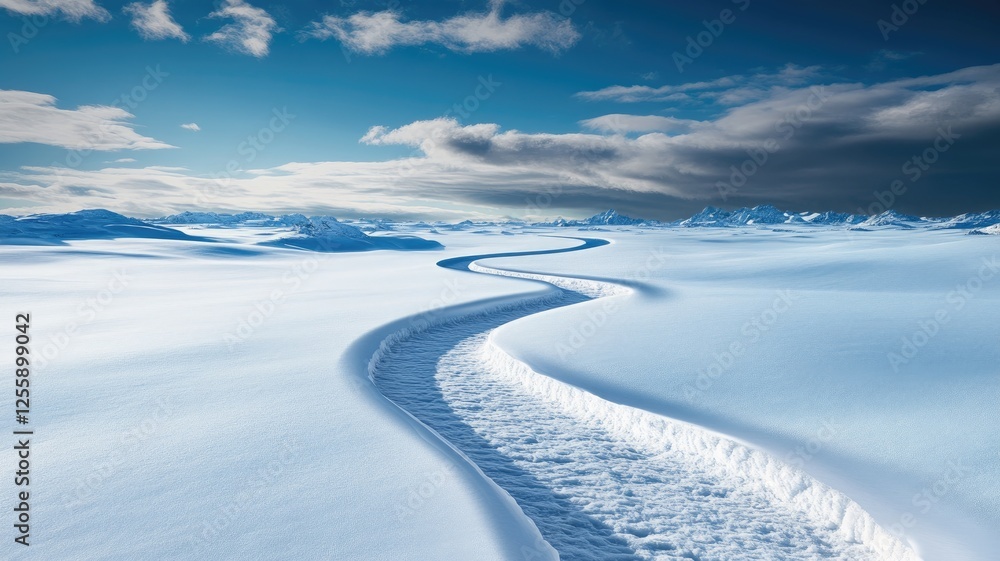 Winding path through vast snowy landscape under blue sky Winding path through vast snowy landscape under blue sky