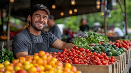 Smiling vendor at a vibrant farmers market showcasing fresh produce during a ...