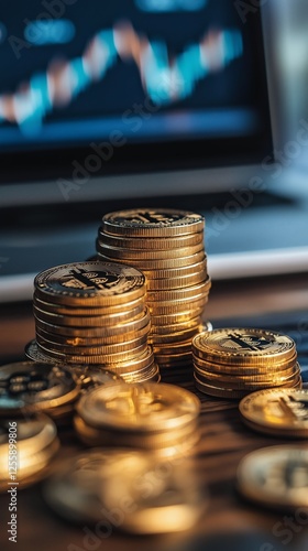 Gold coins stacked on a wooden table in front of a laptop screen displaying f...