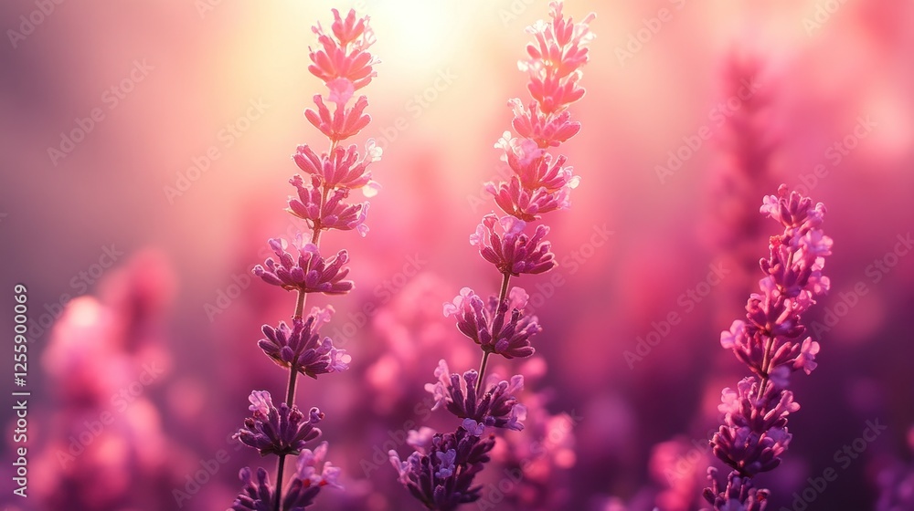 Obraz premium Two lavender stalks in sunset light, field of lavender blurred in background.