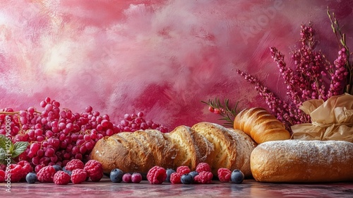 Assorted bread and berries arranged on a table with pink wall background
