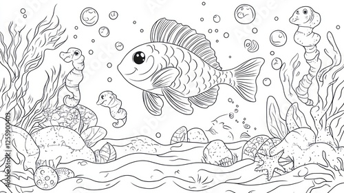 Underwater Coloring Page with Fish and Sea Creatures photo