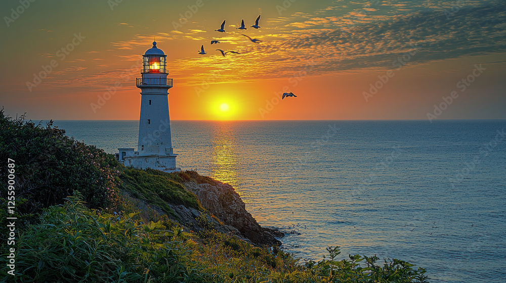 Fototapeta premium Lighthouse on coast at sunrise with birds