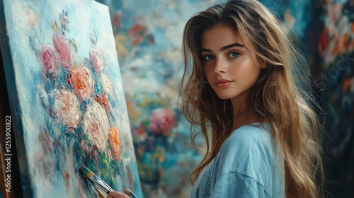 Young artist painting vibrant flowers in an art studio during a sunny afternoon