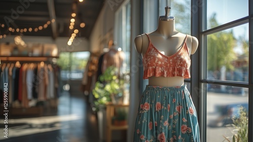 Trendy summer outfit displayed on mannequin in boutique during bright afternoon
