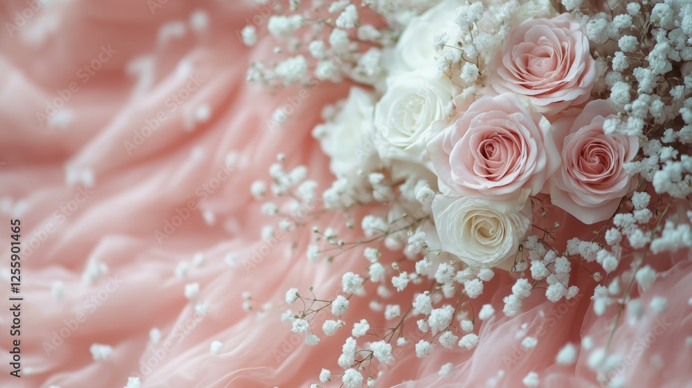 Fototapeta premium Delicate pink roses and baby's breath arranged on soft fabric, creating a romantic floral display