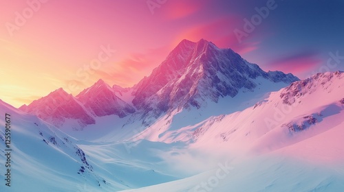 Snowy mountain landscape with vibrant sunrise illuminating peaks at dawn