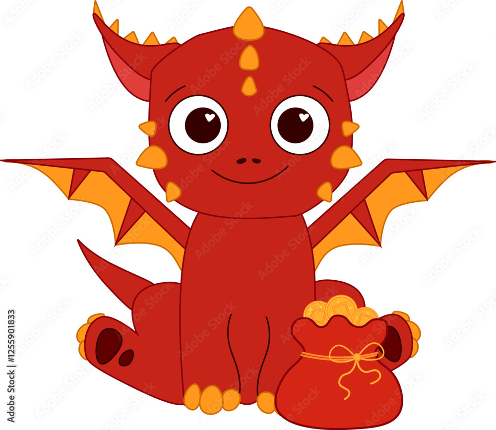Fototapeta premium 2036 Year of the Dragon CNY isolated composition. Cute red dragon with a fortune bag full of gold graphic line vector illustration. Chinese lunar new year 2036 lantern festival mascot