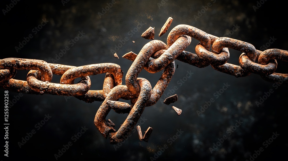 A rusty and aged chain is breaking apart spectacularly A rusty and aged chain is breaking apart spectacularly