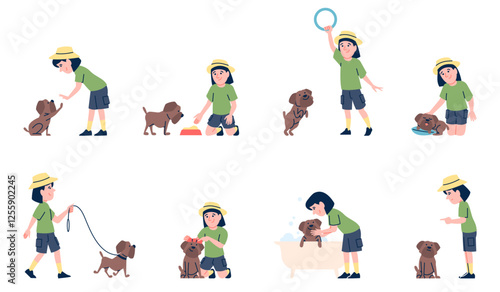 Girl care dog. Little kid spend time with puppy. Pet training, bath time, feeding and caring. Teaching child responsibility and friendship, recent vector set