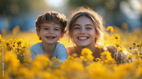 Joyful mother and child enjoying a sunny day among vibrant yellow flowers in ...