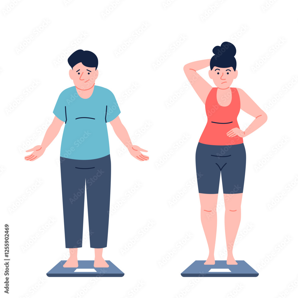 Fototapeta premium People on scales. Male female obese characters standing on scale and frustration. Unhealthy lifestyle, overeating and psychology problems, recent vector scene