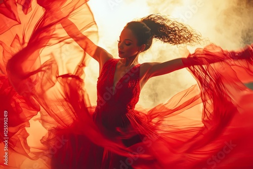 Flamenco dancer performing passionately in vibrant red dress.
