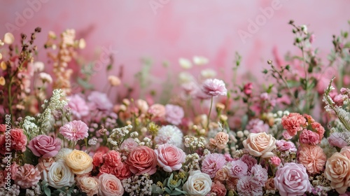 Colorful floral arrangement featuring various flowers against a soft pink bac...