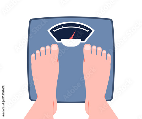 Legs on scales. Control and measurement weight, diet process, overeating. Male female weighed, obese character. Overweight recent vector people