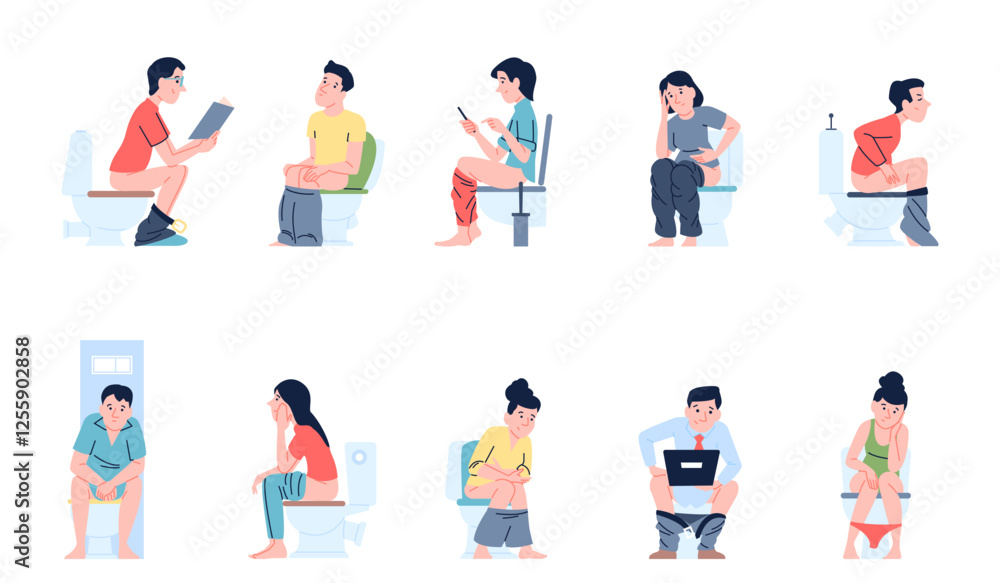 People sitting on toilets. Male female with gadgets on toilet, reading news, looking social media. Reading book in bathroom, pooping process, recent vector set