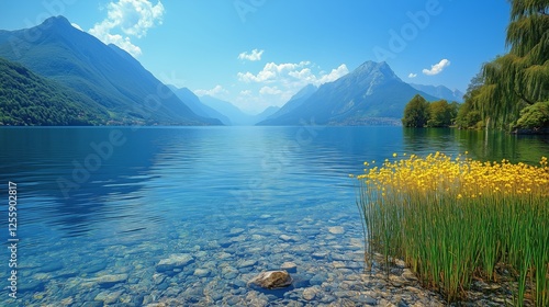 Beautiful lake surrounded by mountains and flowers under a clear blue sky in ...