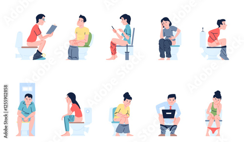 People sitting on toilets. Male female with gadgets on toilet, reading news, looking social media. Reading book in bathroom, pooping process, recent vector set