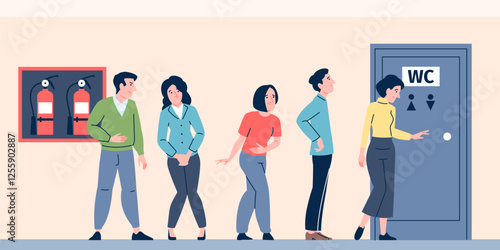 Queue to public toilet. Men women want peeing or pooping and stang in waiting line. Restroom in mall, theater, cinema. Health care, natural need recent vector scene