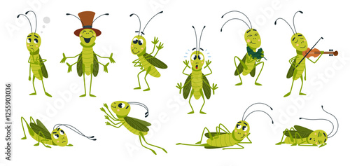 Cartoon grasshopper. Isolated grasshoppers in different poses and emotions. Funny green insects, wild characters eating, jumping, sleeping, classy mascots vector set