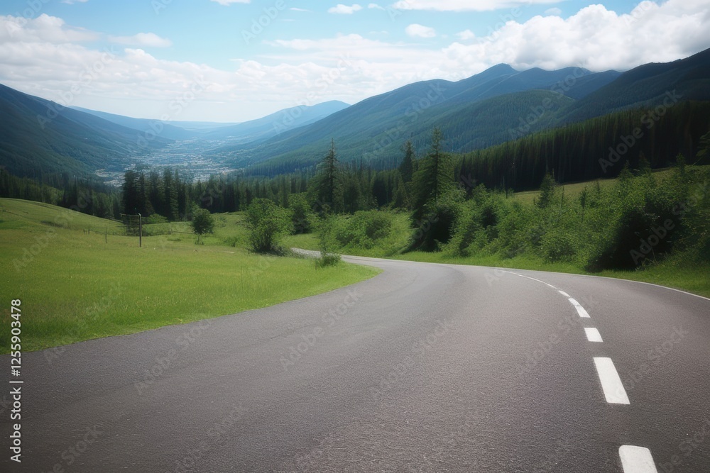 Fototapeta premium Scenic Mountain Road: Asphalt Highway Through Lush Green Valley with Forest & Majestic Peaks, Travel and Adventure Landscape