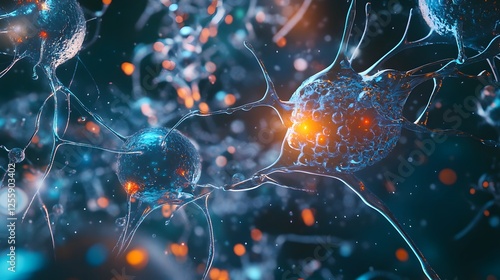 Glowing neurons forming a dynamic synapse network in an abstract futuristic digital neural system  The image represents the complex communication and connectivity within the brain and nervous system photo