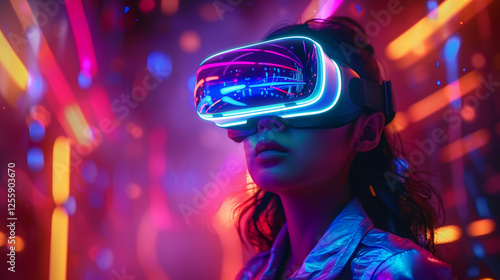 A young woman wearing a modern VR headset, immersed in a futuristic neon-lit virtual world with vibrant colors and a cyberpunk aesthetic, symbolizing digital immersion photo