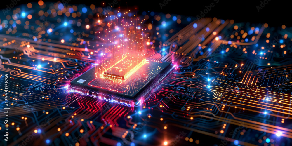 Futuristic AI Microchip with Glowing Circuit Board, High-Tech Processor with Cyber Light Effects, Advanced Computer Technology Concept with Neural Connections Futuristic AI Microchip with Glowing Circuit Board, High-Tech Processor with Cyber Light Effects, Advanced Computer Technology Concept with Neural Connections