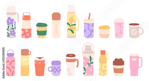 Travel thermo mugs. Thermos, reusable cups, tumblers for hot drinks. Touristic camping equipment for coffee tea and beverages, hiking tumbler racy vector set