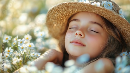 Girl relaxing among wildflowers in a sunlit meadow on a warm summer day