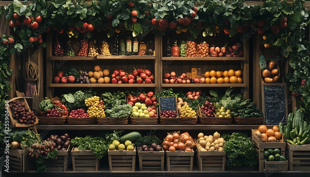 Rustic wooden market stall overflowing with fresh produce, including fruits and vegetables. Rustic wooden market stall overflowing with fresh produce, including fruits and vegetables.