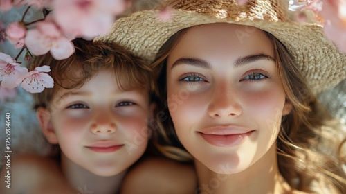 Smiling woman and child enjoying a sunny day among pink cherry blossoms in sp...