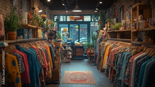 Colorful clothing racks in a boutique shop filled with vintage apparel and un...