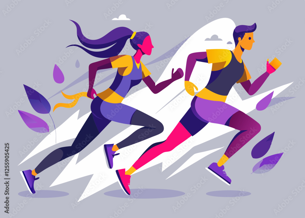 Stylized Runners in Motion with Geometric Shapes and Vibrant Purple-Yellow Palette Stylized Runners in Motion with Geometric Shapes and Vibrant Purple-Yellow Palette