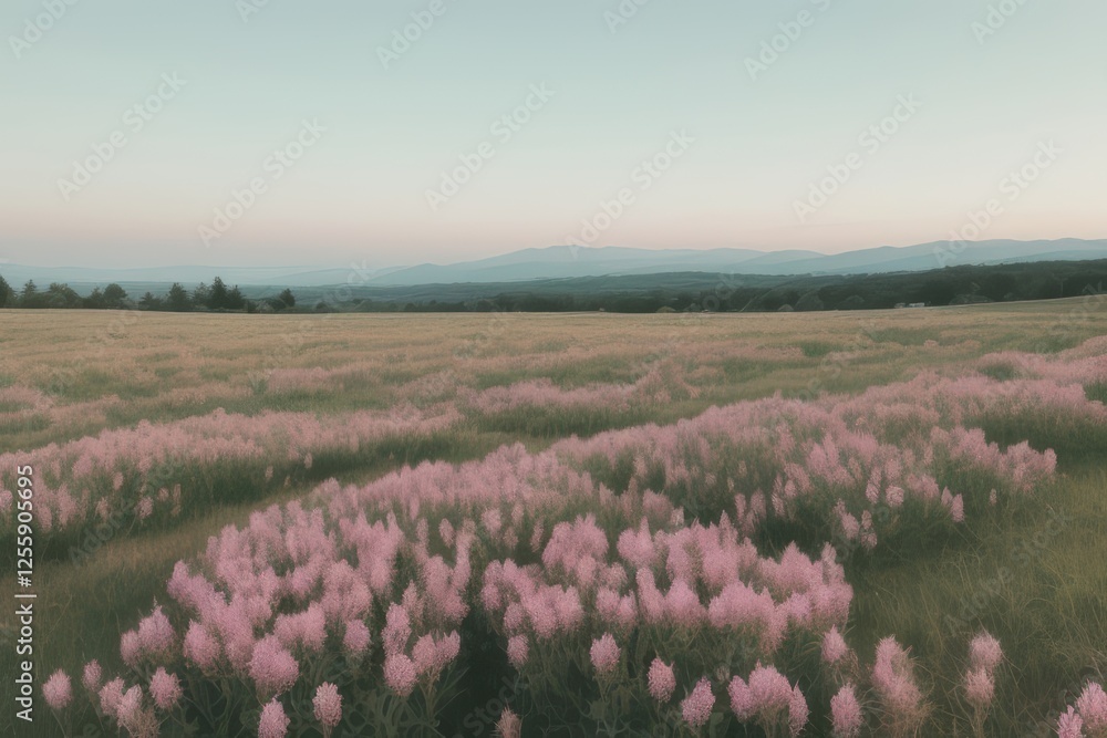 Fototapeta premium Scenic Field of Pink Flowers at Dusk with Mountains in Background. Pastoral Landscape in Summer