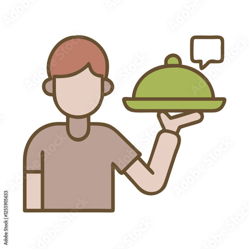 Order processing icon with waiter holding a covered dish.