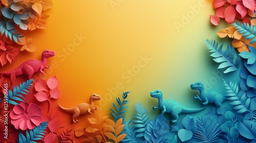Colorful dinosaur figures surrounded by vibrant paper foliage in a playful setup