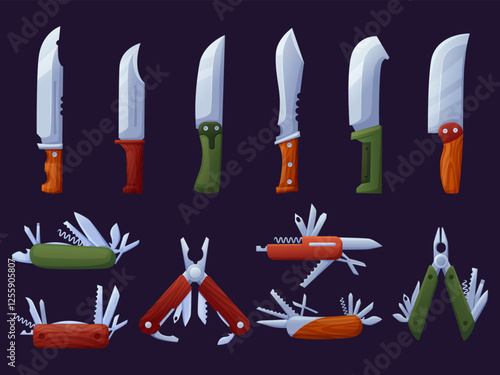 Cartoon different multi tools. Survival kif from knives and multitools. Equipment for hiking, nature tourism, camping or hunting, nowaday vector elements