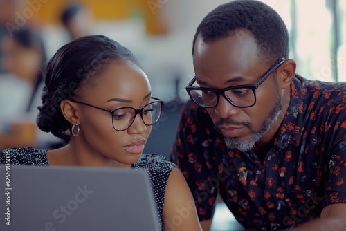 Two professionals collaborating on a project in a modern workspace during day...